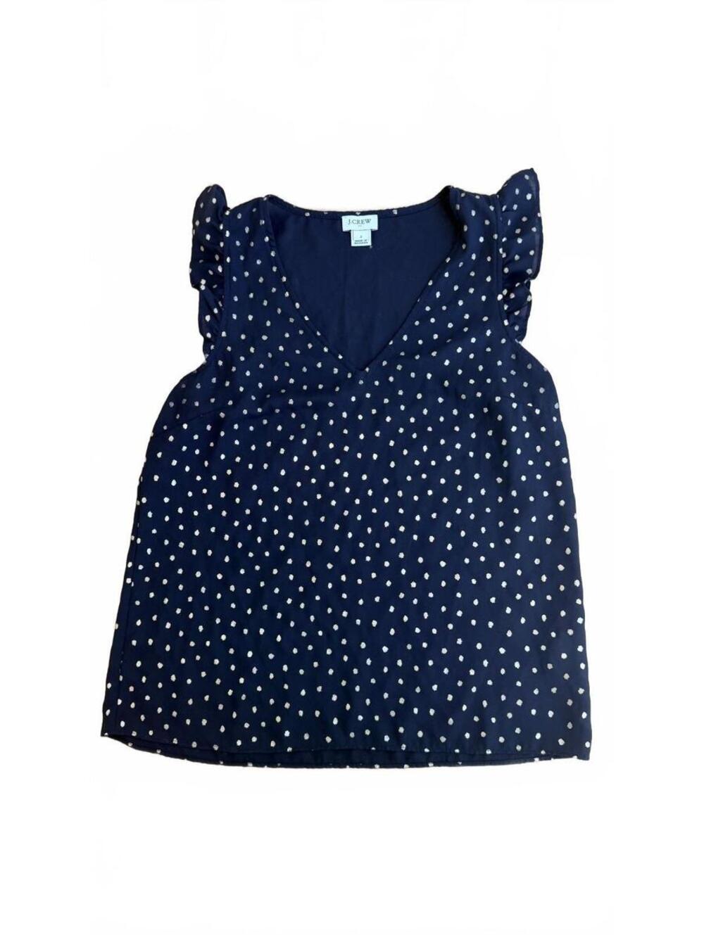 J.Crew Womens 2 Metallic Polka Dot Ruffle Flutter Sleeve V Neck Blouse Navy Top